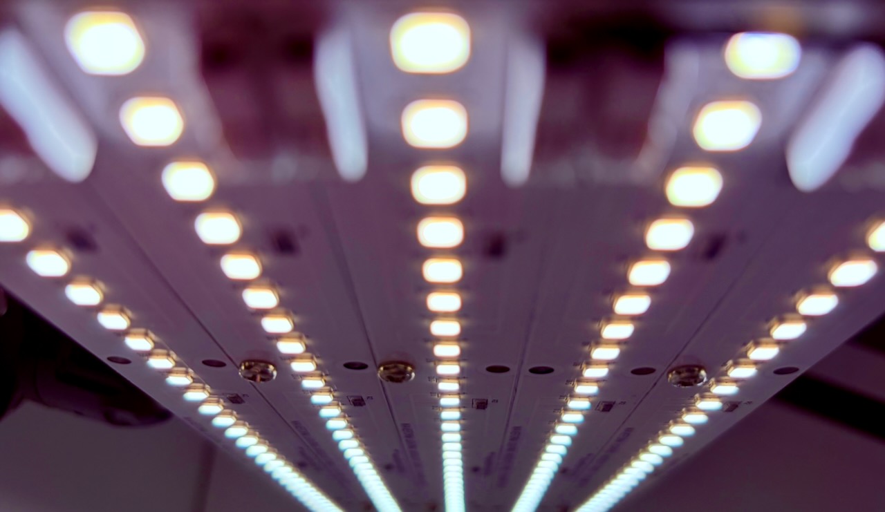 Illuminated rows of LEDs on the large mounted light panel