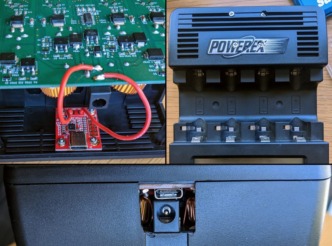 Collage of battery charger modified to use USB-C as power source