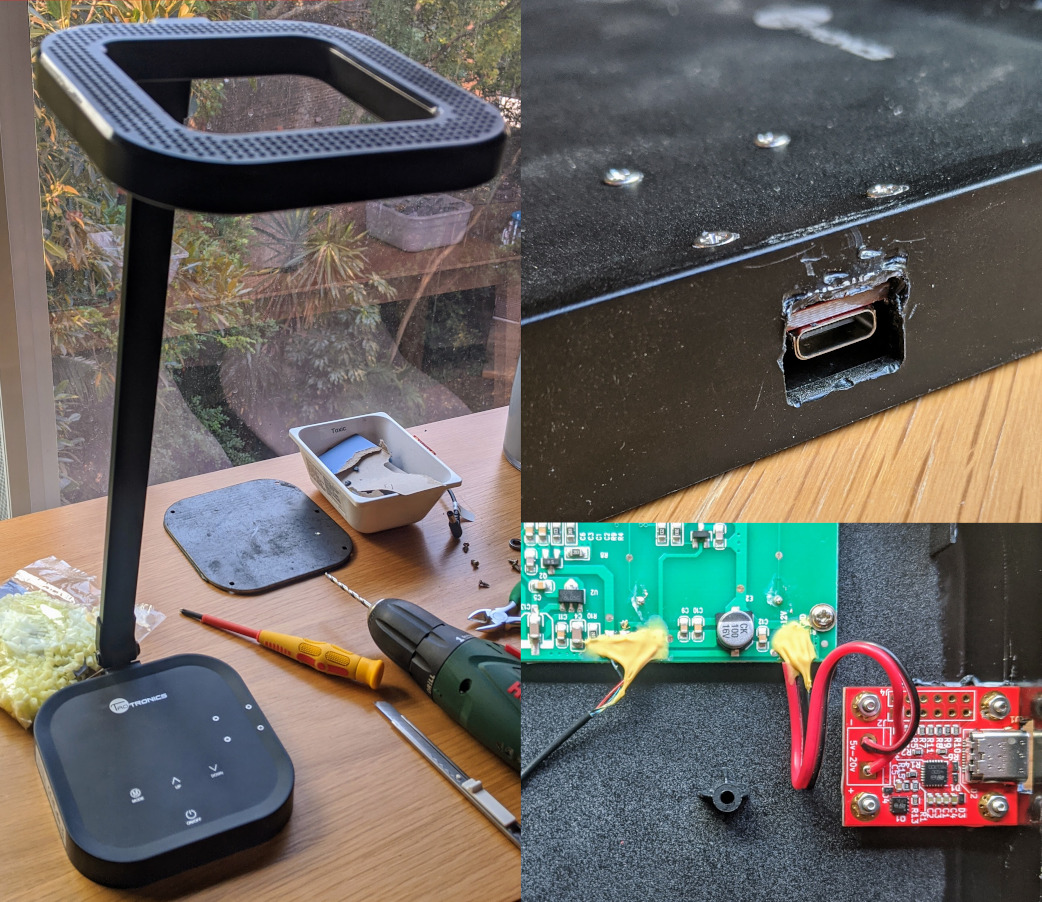 Collage of desk light modified to use USB-C as power source