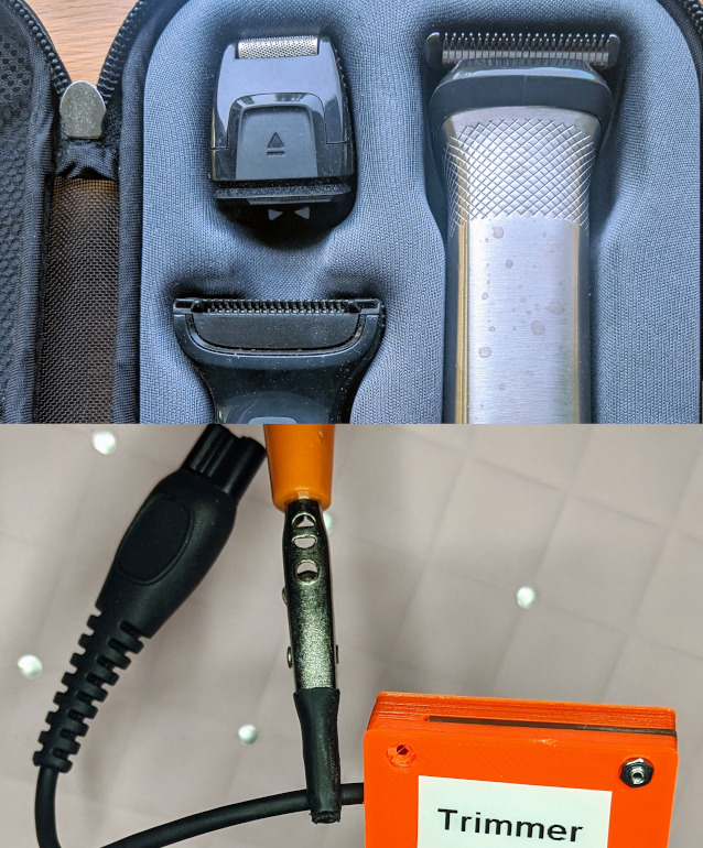 Collage of Philips hair trimmer modified to use USB-C as power source