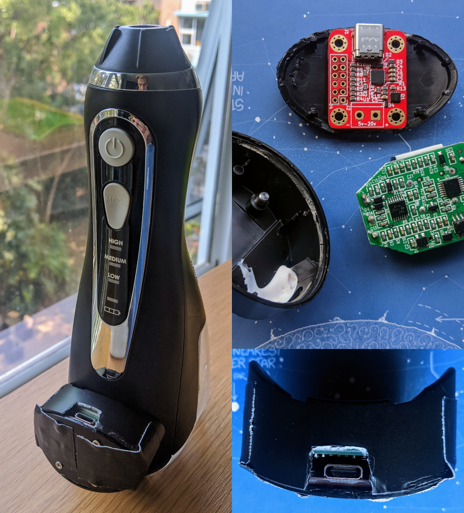 Collage of Waterpik modified to use USB-C as power source