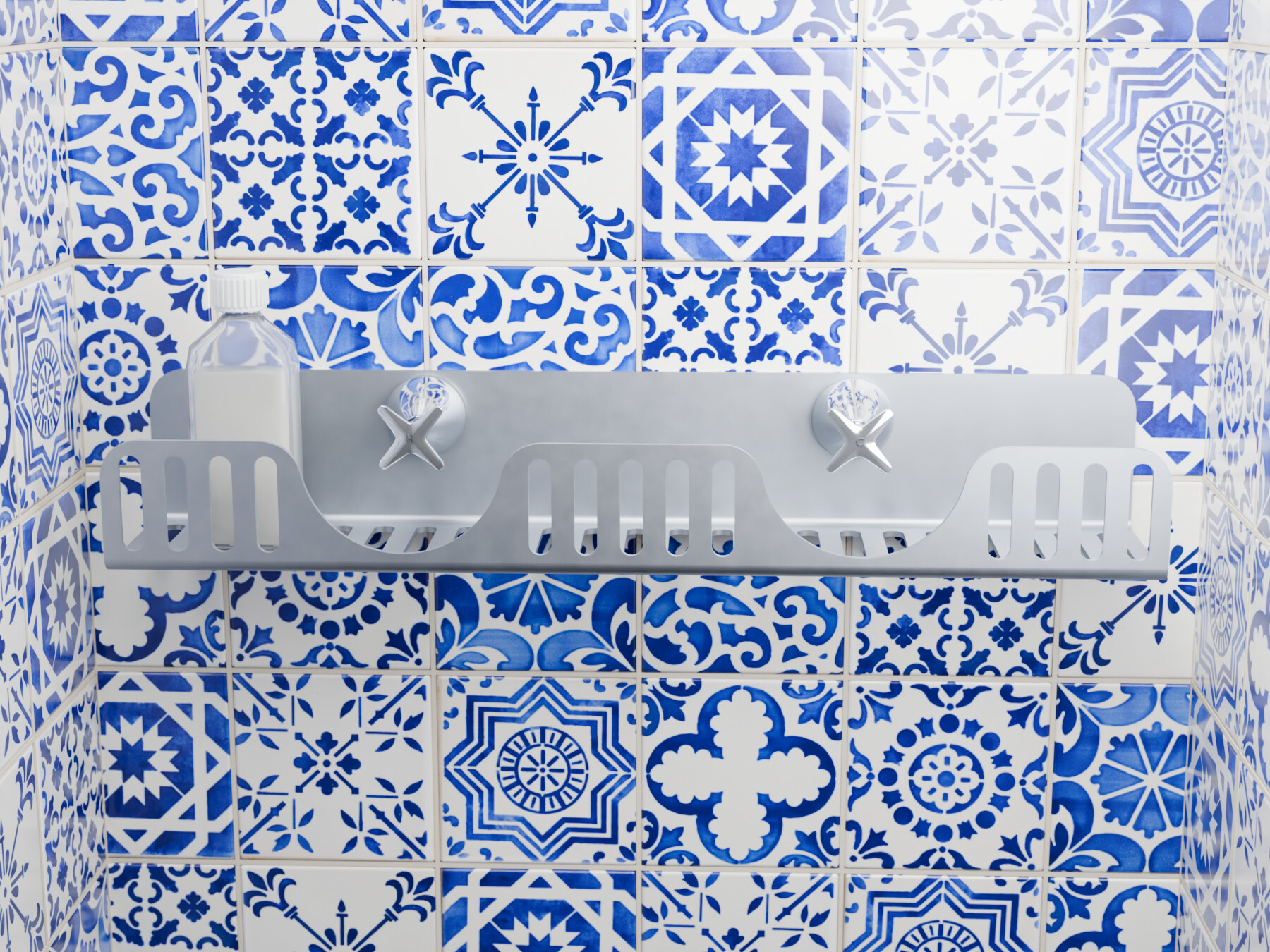 Render of a wide aluminium shelf mounted below two taps in a blue tiled shower
