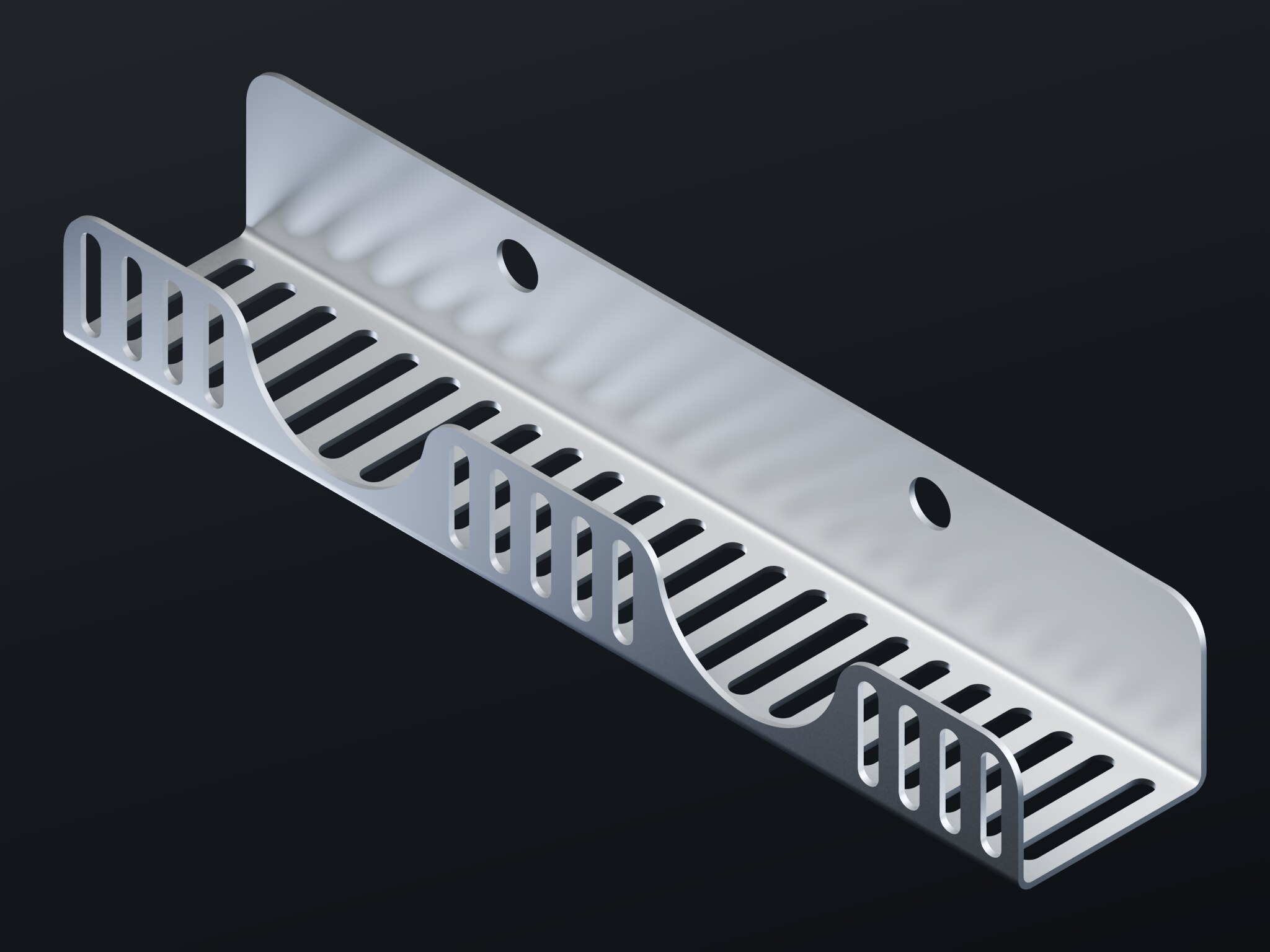 Isolated render of a one-piece aluminium shower shelf with drain slots and two tap mounting holes