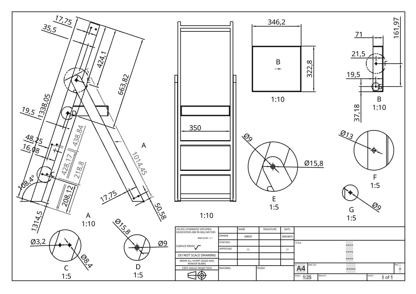 Dimensioned Onshape drawing of the stepladder, platform and pivot holes