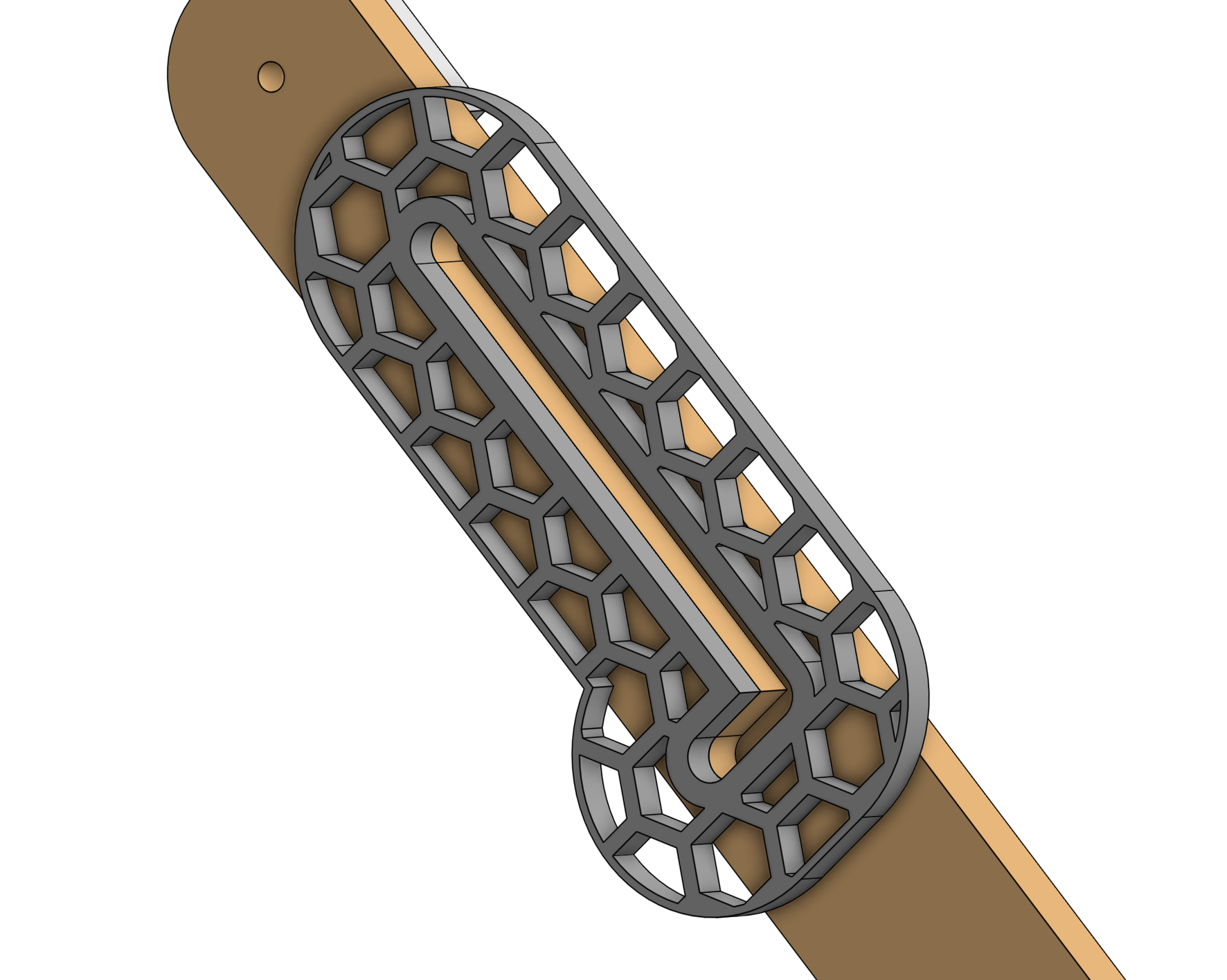 CAD view of the long-slot routing template fitted to a rear leg