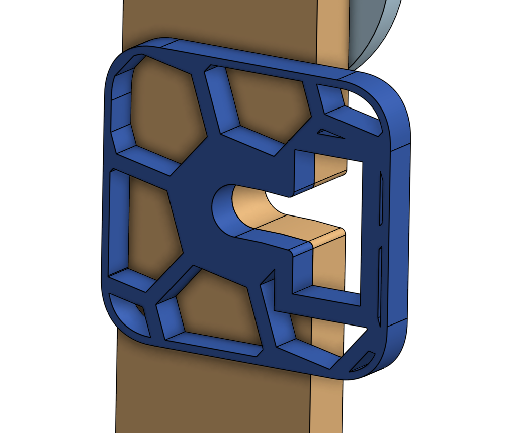 CAD view of a blue router template fitted around a timber rail and its open-ended slot