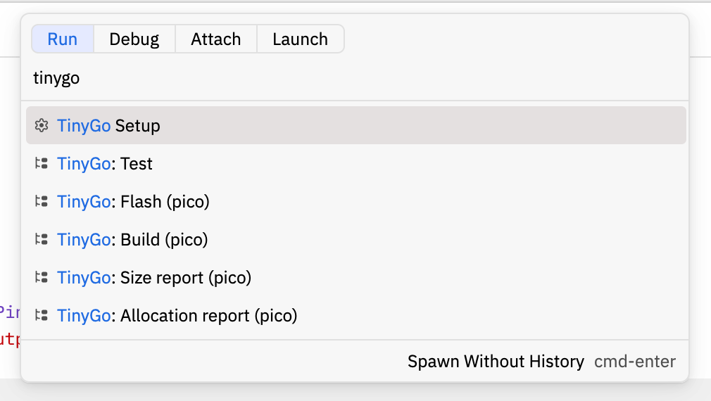 Zed task picker showing TinyGo build, test, size, allocation and flash tasks for a Pico target